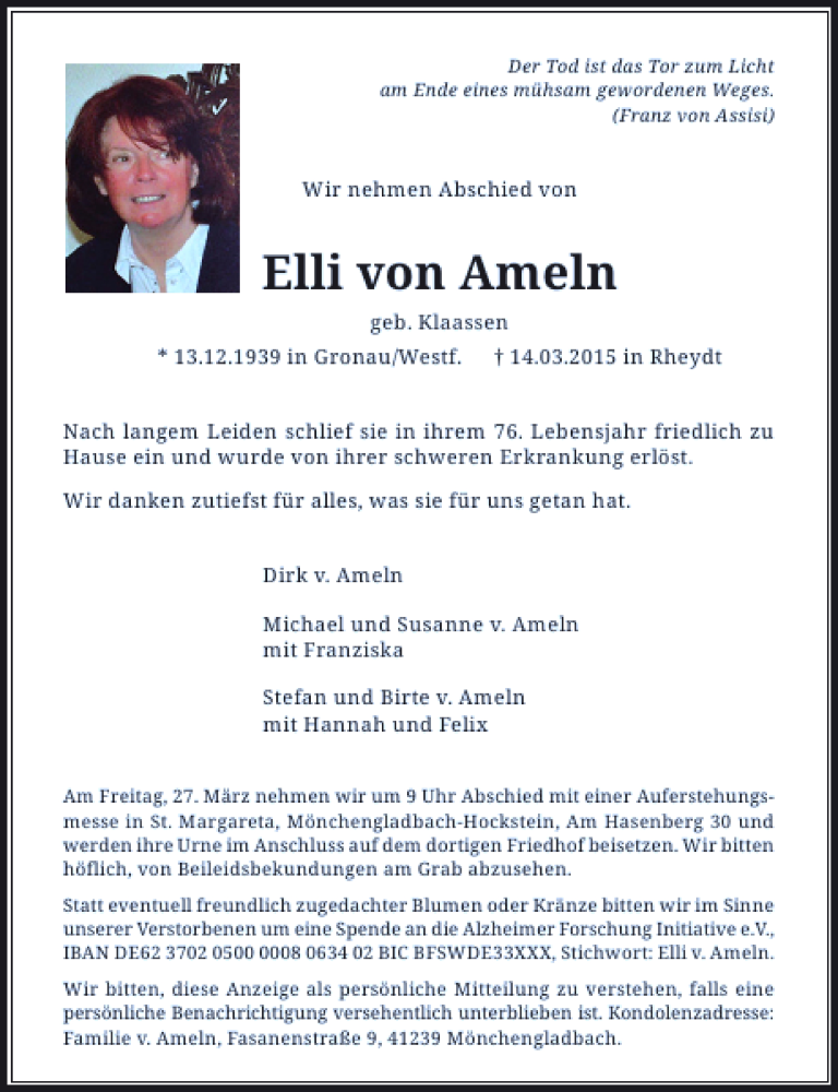  Traueranzeige für von Ameln Elli vom 21.03.2015 aus Rheinische Post
