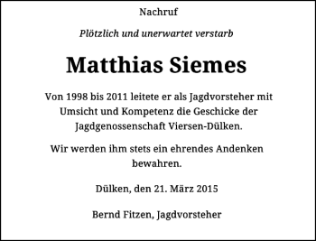 Traueranzeige von Siemes Matthias von Rheinische Post