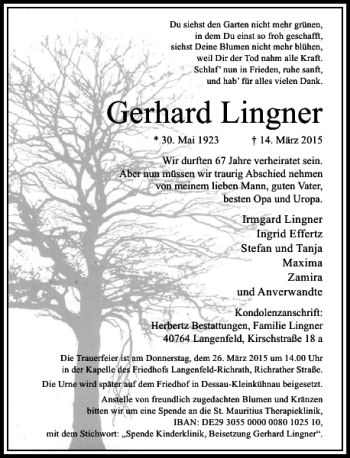 Traueranzeige von Lingner Gerhard von Rheinische Post
