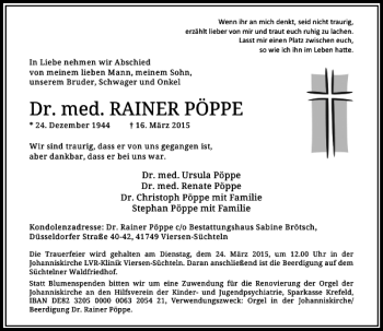 Traueranzeige von med. RAINER PÖPPE Dr. von Rheinische Post