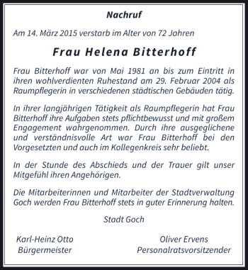 Traueranzeige von FrauHelenaBitterhoff  von Rheinische Post