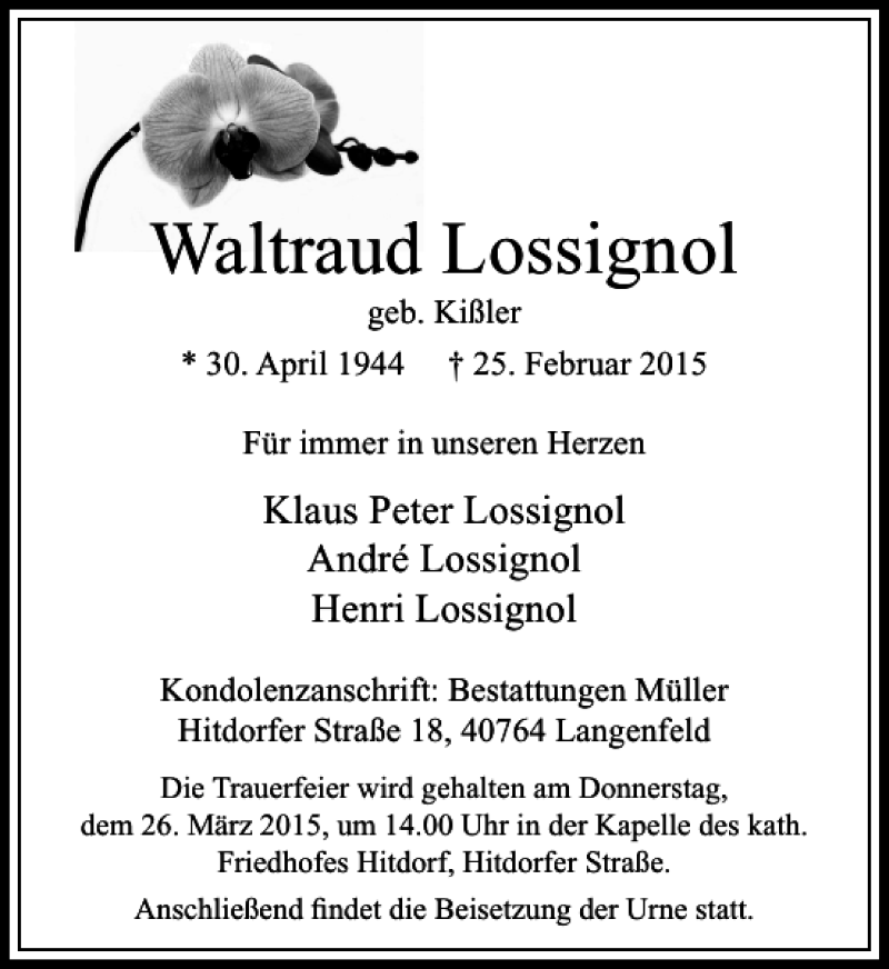  Traueranzeige für Lossignol Waltraud vom 21.03.2015 aus Rheinische Post