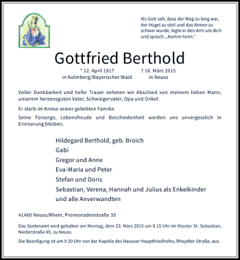 Traueranzeige von Berthold Gottfried von Rheinische Post