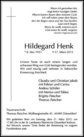 Traueranzeige von Henk Hildegard von Rheinische Post