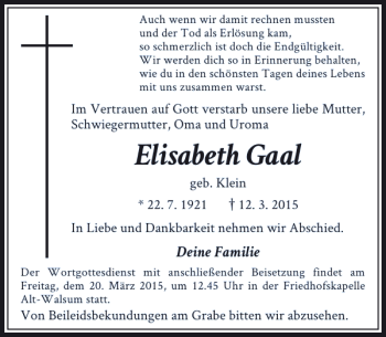 Traueranzeige von Gaal Elisabeth von Rheinische Post