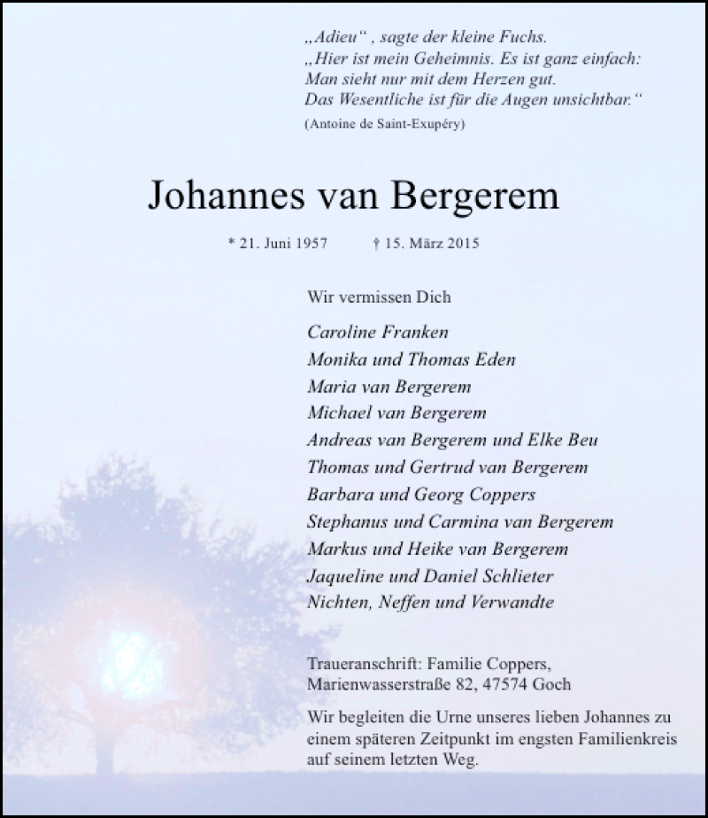  Traueranzeige für van Bergerem Johannes vom 19.03.2015 aus Rheinische Post