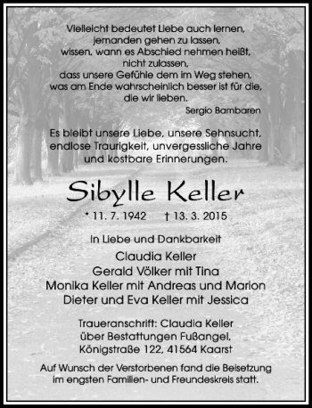 Traueranzeige von Keller Sibylle von Rheinische Post