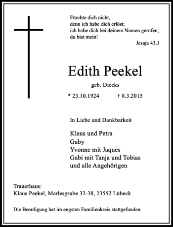 Traueranzeige von Peekel Edith von Rheinische Post