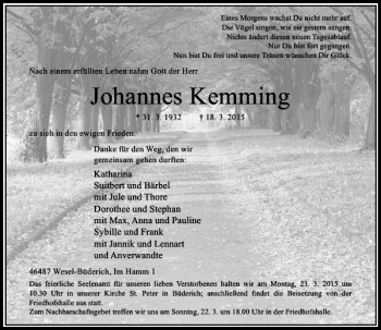 Traueranzeige von Kemming Johannes von Rheinische Post