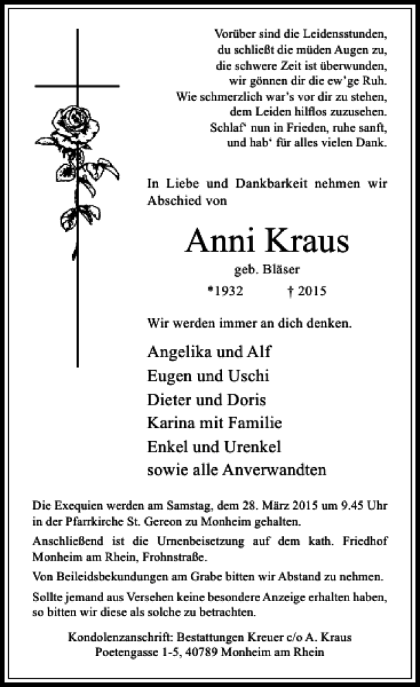  Traueranzeige für Kraus Anni vom 21.03.2015 aus Rheinische Post