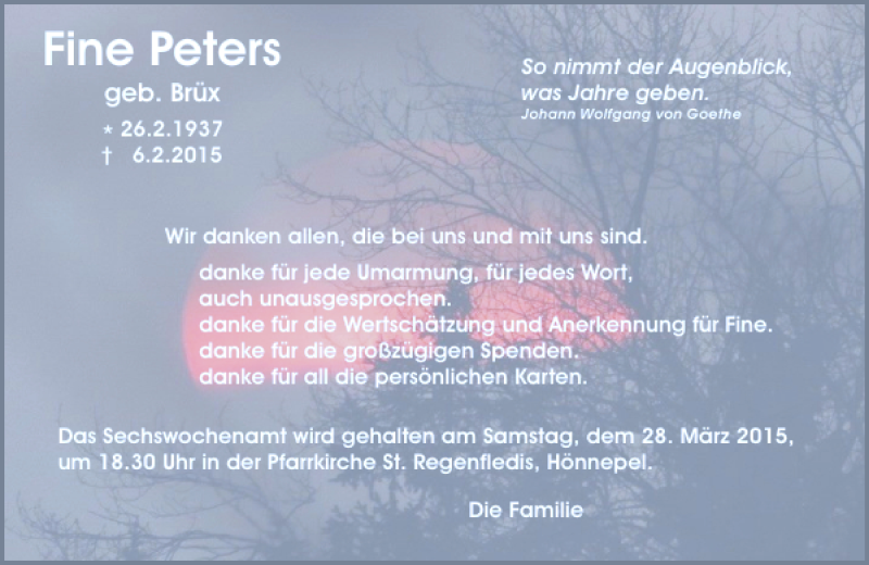  Traueranzeige für Peters Fine vom 21.03.2015 aus Rheinische Post
