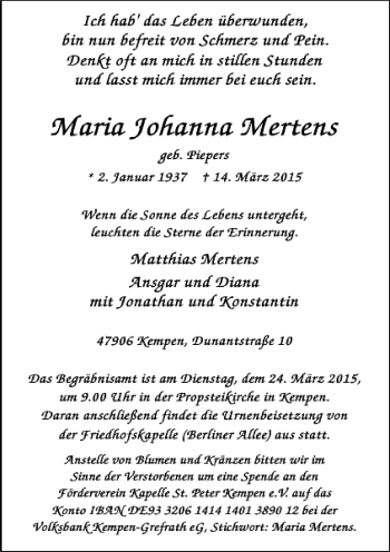 Traueranzeige von Johanna Mertens Maria von Rheinische Post