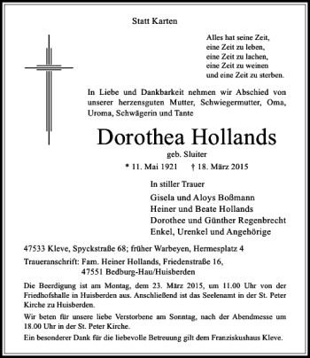 Traueranzeige von Hollands Dorothea von Rheinische Post