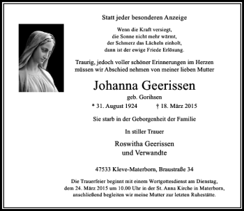 Traueranzeige von Geerissen Johanna von Rheinische Post