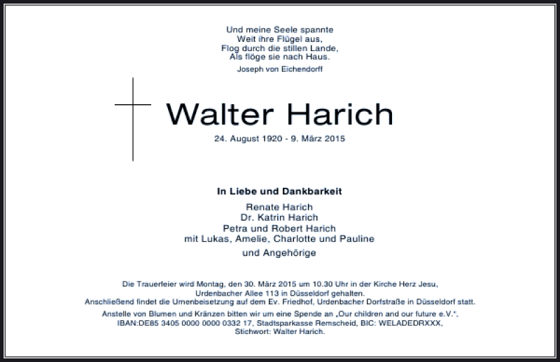  Traueranzeige für Harich Walter vom 21.03.2015 aus Rheinische Post