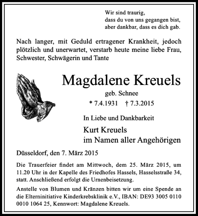 Traueranzeige für Kreuels Magdalene vom 21.03.2015 aus Rheinische Post