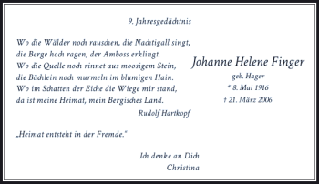 Traueranzeige von Helene Finger Johanne von Rheinische Post