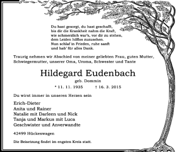 Traueranzeige von Eudenbach Hildegard von Rheinische Post