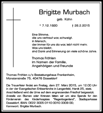 Traueranzeige von Murbach Brigitte von Rheinische Post