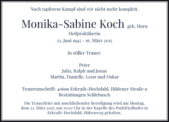 Traueranzeige von Koch Monika-Sabine von Rheinische Post
