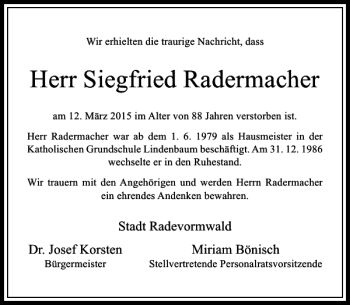 Traueranzeige von Radermacher Siegfried von Rheinische Post