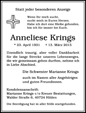Traueranzeige von Krings Anneliese von Rheinische Post