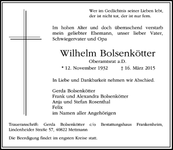 Traueranzeige von Bolsenkötter Wilhelm von Rheinische Post