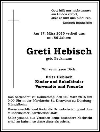 Traueranzeige von Hebisch Greti von Rheinische Post