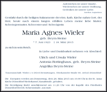 Traueranzeige von Agnes Wieler Maria von Rheinische Post