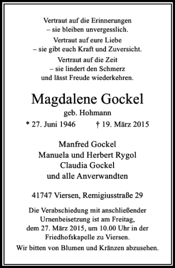 Traueranzeige von Gockel Magdalene von Rheinische Post