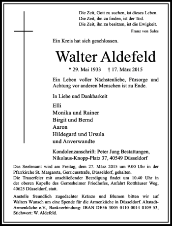 Traueranzeige von Aldefeld Walter von Rheinische Post