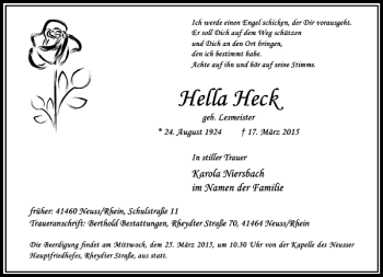 Traueranzeige von Heck Hella von Rheinische Post