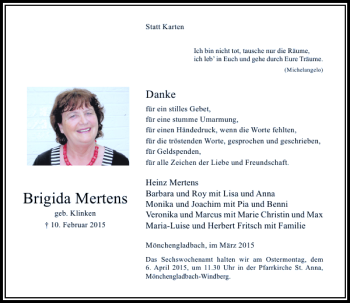 Traueranzeige von Mertens Brigida von Rheinische Post