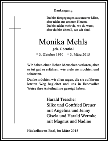 Traueranzeige von Mehls geb. Odenthal Monika von Rheinische Post