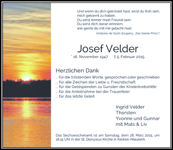 Traueranzeige von Velder Josef von Rheinische Post