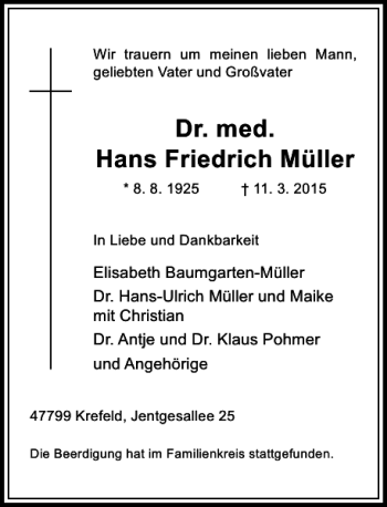 Traueranzeige von med. Hans Friedrich Müller Dr. von Rheinische Post