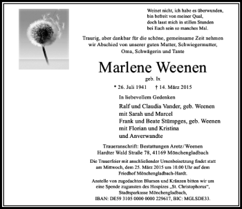 Traueranzeige von Weenen Marlene von Rheinische Post