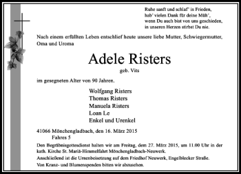 Traueranzeige von Risters Adele von Rheinische Post