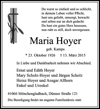 Traueranzeige von Hoyer Maria von Rheinische Post