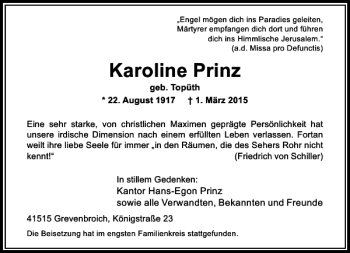 Traueranzeige von Prinz Karoline von Rheinische Post