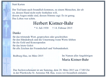 Traueranzeige von Kistner-Bahr Herbert von Rheinische Post