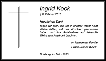 Traueranzeige von Kock Ingrid von Rheinische Post