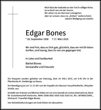 Traueranzeige von Bones Edgar von Rheinische Post