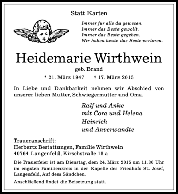 Traueranzeige von Wirthwein Heidemarie von Rheinische Post