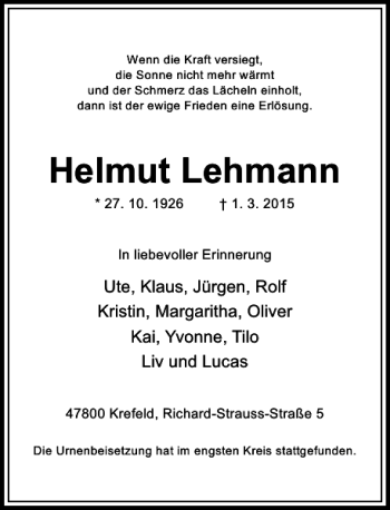 Traueranzeige von Lehmann Helmut von Rheinische Post