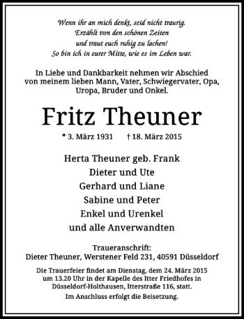 Traueranzeige von Theuner Fritz von Rheinische Post