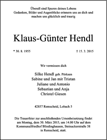 Traueranzeige von Hendl Klaus-Günter von Rheinische Post