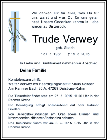 Traueranzeige von Verwey Trude von Rheinische Post