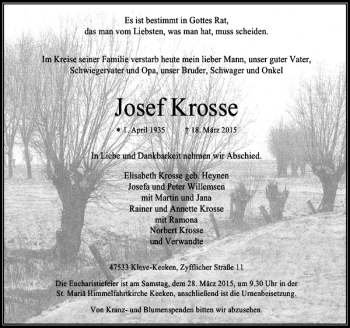 Traueranzeige von Krosse Josef von Rheinische Post