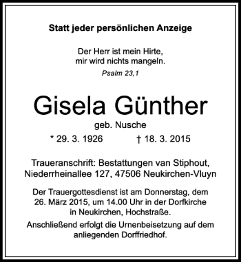 Traueranzeige von Günther Gisela von Rheinische Post